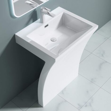 doporro Lavabo Colonne sur Pied Blanc Vasque en Fonte Minérale Solid Surface Lave Mains Rectangulaire pour Salle de Bain 60x48x83cm Colossum07