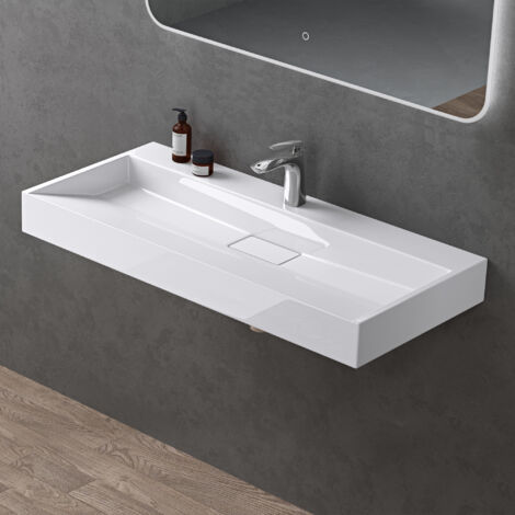 doporro Lavabo Suspendu avec Bonde Vasque à Poser Blanc Mat 60x38x11cm Lave Mains Rectangulaire avec Perçage de Robinet Colossum19