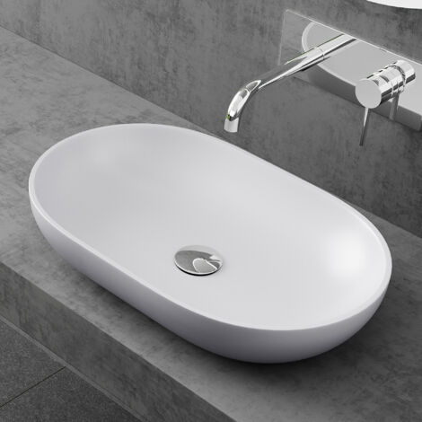 doporro vasque à poser lavabo 54x34x10,5cm en fonte minérale raccordement standard Colossum808 blanc mat