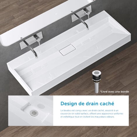 doporro Lavabo Suspendu avec Bonde Vasque à Poser Blanc 100x46x11cm Lave Mains Rectangulaire sans Perçage de Robinet Colossum19