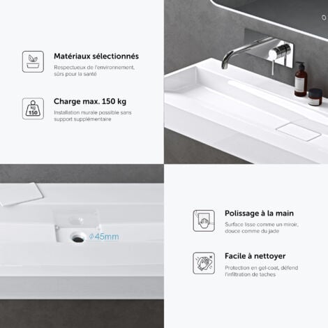 doporro Lavabo Suspendu avec Bonde Vasque à Poser Blanc 100x46x11cm Lave Mains Rectangulaire sans Perçage de Robinet Colossum19