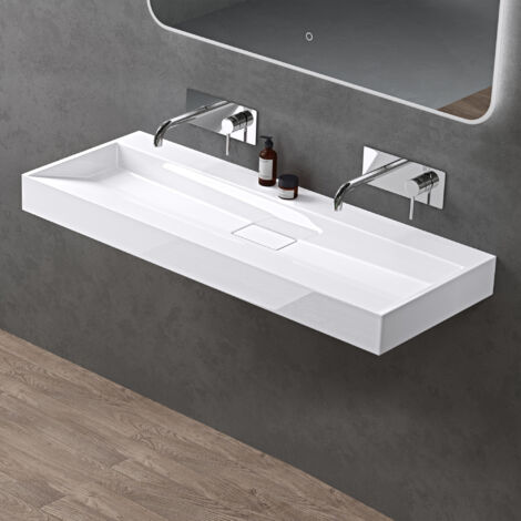 doporro Lavabo Suspendu avec Bonde Vasque à Poser Blanc 120x46x11cm Lave Mains Rectangulaire sans Perçage de Robinet Colossum19