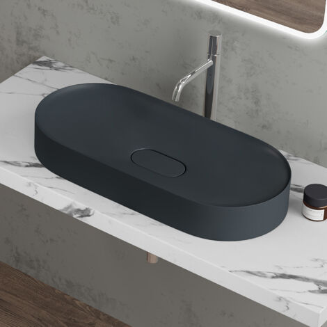 Doporro – Vasque à poser ovale gris noir 71x35,5cm – Solid surface sans trop-plein avec cache bonde – Installation rapide sur meuble de salle de bains - Colossum826