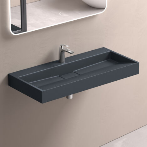 doporro Lavabo Suspendu avec Bonde Vasque à Poser Gris Noir Mat 90x46x11cm Lave Mains Rectangulaire avec Perçage de Robinet Colossum19