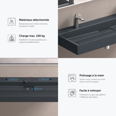 doporro Lavabo Suspendu avec Bonde Vasque à Poser Gris Noir Mat 120x46x11cm Lave Mains Rectangulaire Colossum19