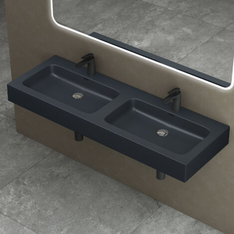 Doporro – Double lavabo à poser gris noir mat 140 cm – Vasque pour 2 lave-mains – Fonte minérale solid surface – Dimensions 140x48x13 cm - Colossum830 (1/5)