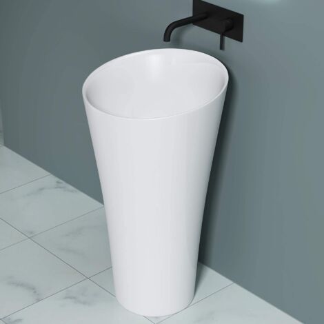 doporro Lavabo Colonne sur Pied Rond Blanc Vasque Fonte Minérale Solid Surface Lave Mains pour Salle de Bain 42x42x85cm Colossum33