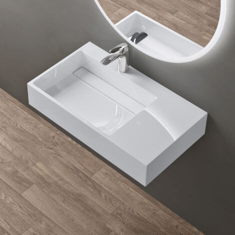 doporro Lavabo Suspendu Blanc 75cm Vasque à Poser avec Bonde Lave Mains Rectangulaire de Qualité pour Salle de Bain 75x43x14cm Colossum12-L