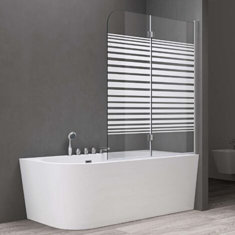 doporro Paroi de baignoire 120 x 140 cm pare baignoire 2 volets verre trempé 6mm avec bandes opaque côté droite Cortona1408S (1/5)