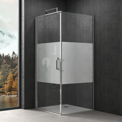 doporro Cabine de Douche en Angle 100x100x195 Montage Réversible Paroi de Douche en Verre Transparant avec Bande Opaque avec Receveur de Douche Ravenna36MS-Plus Traitement NANO Anti-calaire