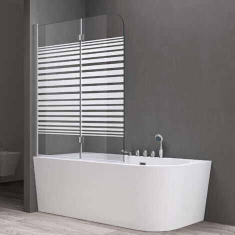 doporro Paroi de Baignoire 120x140cm Pare Baignoire 2 Volets Montage Réversible Verre Trempé Transparent avec Bandes Opaques 6mm Cortona1408 (1/5)