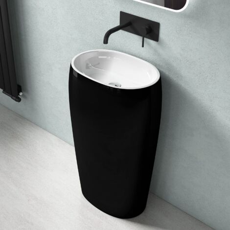 doporro Lavabo Colonne sur Pied Ovale Noir + Blanc Vasque Fonte Minérale Solid Surface Lave Mains pour Salle de Bain 53,5x36x85cm Colossum32