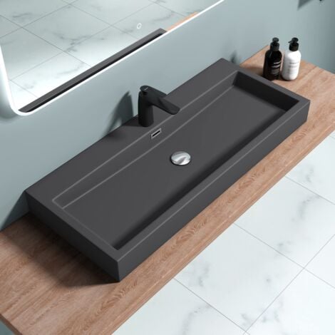 doporro Vasque à Poser 100cm Lavabo Suspendu Gris Noir Mat Colossum06 Fonte Minérale Solid Surface 100x42x10cm