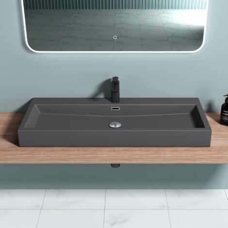 doporro Vasque à Poser 100cm Lavabo Suspendu Gris Noir Mat Colossum06 Fonte Minérale Solid Surface 100x42x10cm