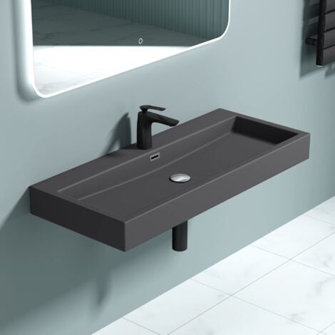 doporro Vasque à Poser 100cm Lavabo Suspendu Gris Noir Mat Colossum06 Fonte Minérale Solid Surface 100x42x10cm