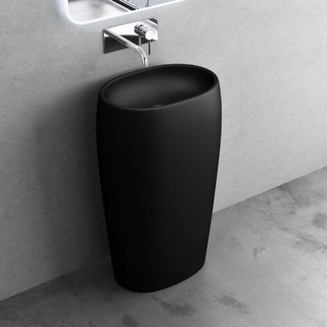doporro Lavabo Colonne sur Pied Ovale Noir Vasque Fonte Minérale Solid Surface Lave Mains pour Salle de Bain 53,5x36x85cm Colossum32