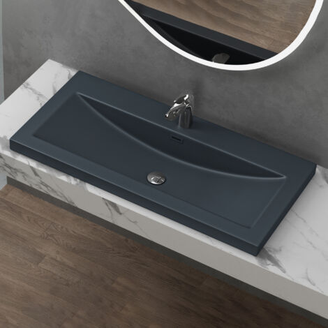 Sogood® Lavabo Vasque à Encastrer Colossum01 Fonte Minérale Solid Surface Gris Noir Mat 100 x 48 x 13 cm (1/5)