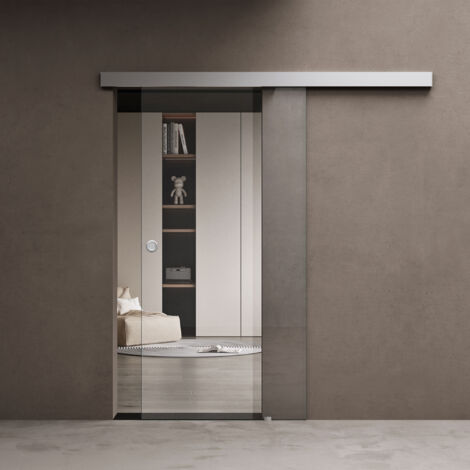 doporro Porte Coulissante en Verre 77,5cm x 205cm Verre de Sécurité Transparent Poignée Ronde Distance au Mur de 15mm avec Amortisseur Amalfi 19 (1/5)