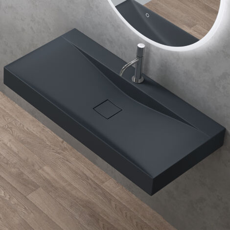 doporro Vasque à Poser 100cm avec Bonde Lavabo Suspendu Gris Noir Mat Colossum810 Fonte Minérale Solid Surface 100x48x12cm