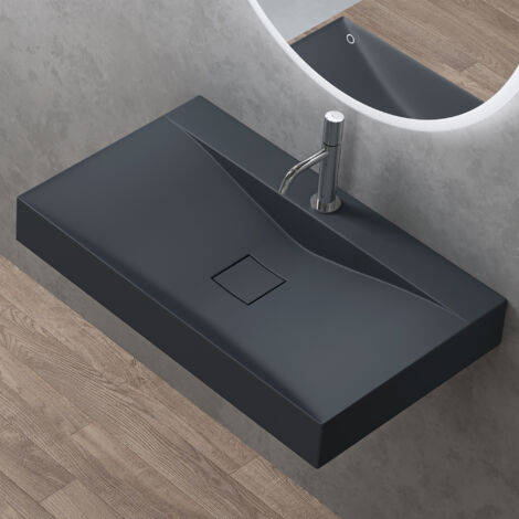 doporro Vasque à Poser 80cm avec Bonde Lavabo Suspendu Gris Noir Mat Colossum810 Fonte Minérale Solid Surface 80x48x12cm