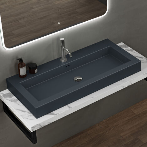 Doporro – Lavabo suspendu 100x48x10 cm – Vasque rectangulaire gris noir mat en fonte minérale – Équipé d'un trop-plein et perçage robinet - Colossum18
