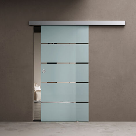 doporro Porte Coulissante pour L'intérieur 90cm x 205cm Verre de Sécurité Bandes Opaques Poignée Ronde Distance au Mur de 25mm Amalfi TS11-900