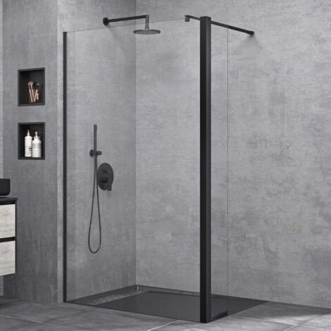 doporro Paroi de Douche à L'italienne Transparent 90cm Pare-Douche Verre de Sécurité 8mm Bremen1K 90x200cm Montage Réversible Profilé Noir Stabilisateur Rectangulaire (1/5)