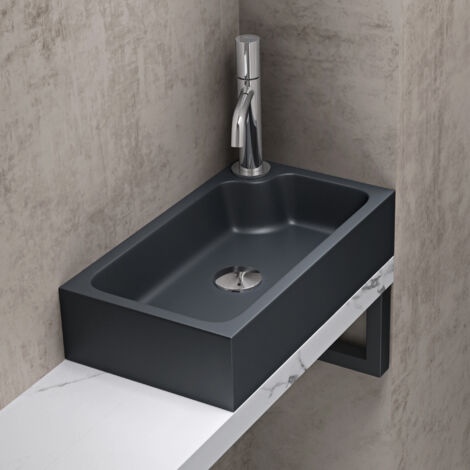 doporro Lavabo Vasque à Poser Lave Mains en Solid Surface Colossum 101 Rectangulaire Gris Noir Mat pour Toilettes invitées 46x26x11 cm (1/5)