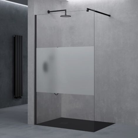 doporro Paroi de Douche à L'italienne Transparent avec Bande Opaque 120cm Pare-Douche Bremen01MS 120x200cm Montage Réversible Profilé Noir Stabilisateur Rond
