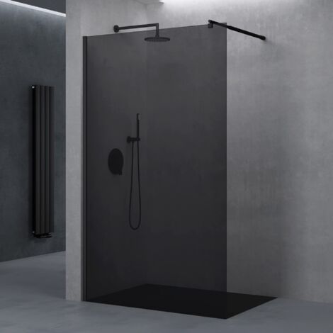 doporro Paroi de Douche à L'Italienne Verre de Securite Gris Teinté 8mm Douche Barre de Stabilisation Ronde Noire Inox Bremen01VG 100x200cm Montage Réversible