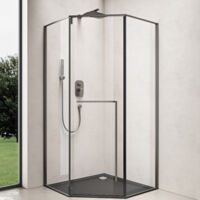doporro Paroi de Douche Pentagonale Montage Réversible Cadre Réglable Cabine de Douche en Verre Transparent ESG Nano 8mm avec Bac à Douche Noir Ravenna68K-Plus 90x90x200cm
