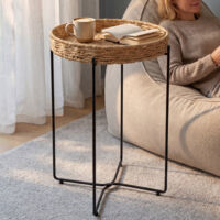 doporro Table d’Appoint Ronde de Rangement Étagère de Sol en Acier au Carbone Table Basse Décorative Plateau Amovible en Corde de Papier 37×55 cm Noir Reglo-08
