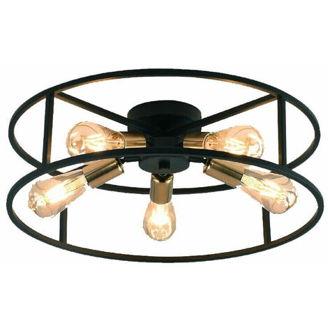 Plafoniera soffitto moderna in stile industriale metallo colore nero e oro 5 portalampada E27 (1/5)