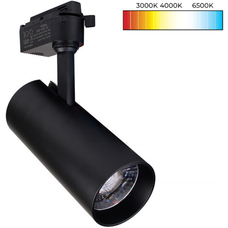 FARETTO LED ORIENTABILE SU BINARIO MONOFASE IN ALLUMINIO NERO 30W - TRIPLA TEMPERATURA DI COLORE 3000K-4000K-65000K