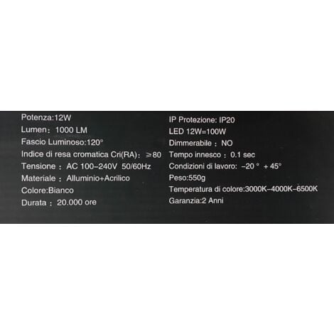 APPLIQUE LAMPADA DA PARETE LUCE A MURO LED MODERNA 12W CON LUCE FREDDA 6500K