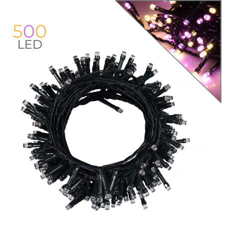 Luccika Home stringa catena 25 mt serie da 500 luci per albero di Natale a led bianco ghiaccio e rosa 31V cavo verde con 8 giochi di luce e memoria IP44 per uso esterno interno Bianco ghiaccio + rosa (1/5)