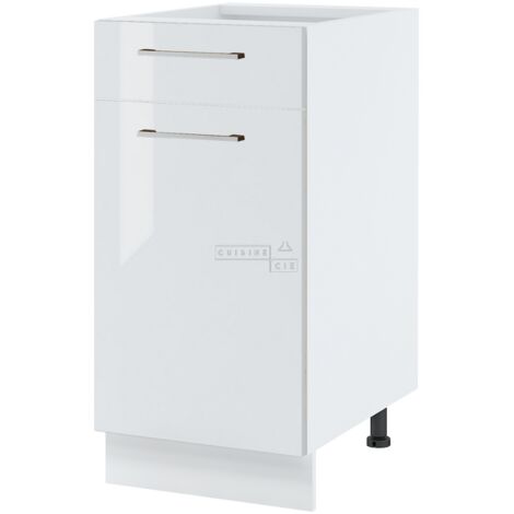 Meuble bas de cuisine Bellissi Blanc Brillant 1 porte 1 tiroir L 40 cm - Porte avec poignée apparente Coulisses tiroir avec amortisseur White (1/5)