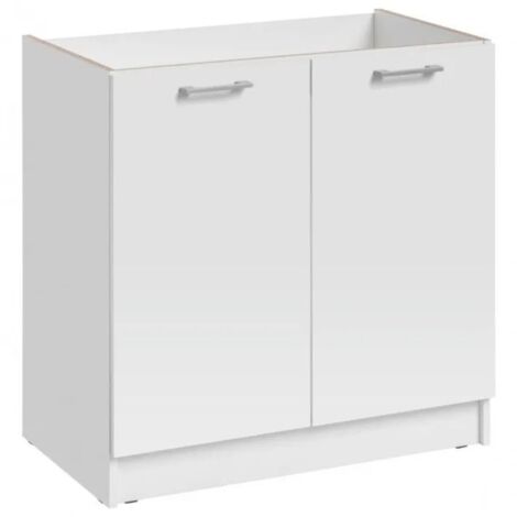 Cuisineandcie – Meuble sous vasque simple blanc 2 portes L 80 cm – Dimensions H 82 cm x P 46 cm – Façades stratifiées avec veines bois – Amortisseurs pour fermeture douce