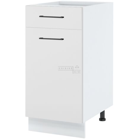 Meuble bas de cuisine Lovia Blanc Mat 1 porte 1 tiroir L 40 cm - Porte avec poignée apparente Coulisses tiroir sans amortisseur White (1/2)