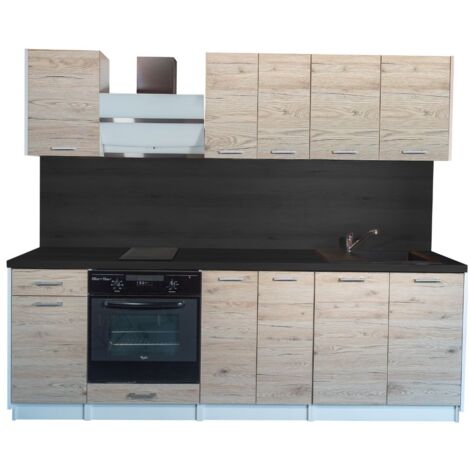 Cuisineandcie – Cuisine complète ECO Noyer Blanchi 240 cm – 3 meubles hauts et 4 meubles bas – Installation facile – Compatible avec accessoires personnalisés