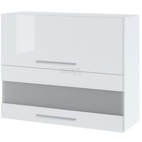 Meuble haut de cuisine Bellissi Blanc Brillant 2 portes relevables avec vitre opaque L 90 cm - Porte avec poignée apparente White (1/5)
