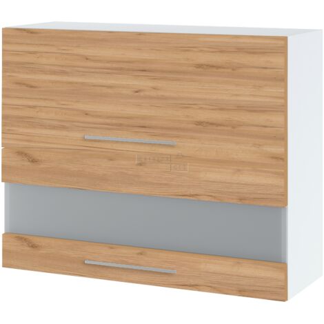 Meuble haut de cuisine Bellissi Chene 2 portes relevables avec vitre opaque L 90 cm - Porte avec poignée apparente Décor chêne brut (1/5)
