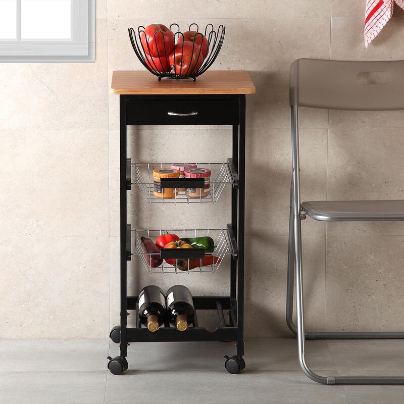 Versa Picton Carro de cocina con ruedas, cajones y botellero, Verdulero con  despensa y organizadores, con cajón, Medidas (Al x L x An) 76 x 37 x 37 cm,  Madera, Color Negro y marrón