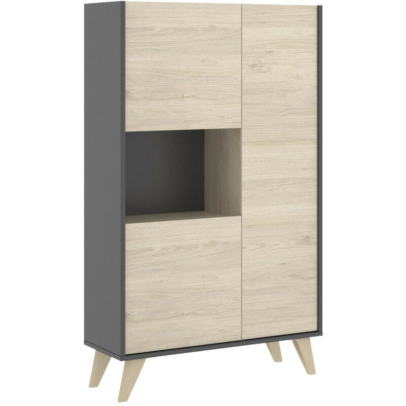 Home Heavenly® - Aparador alto NICO, moderno minimalista. 135x81x43 cm. 3 puertas, hueco y estantes regulables. | Color: Antracita-Roble