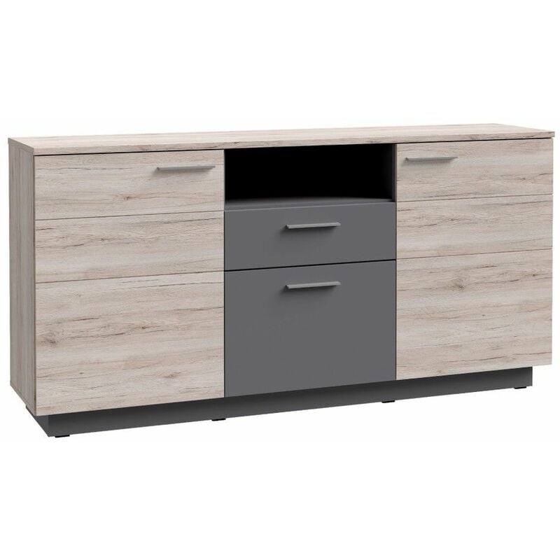 Home Heavenly® - Aparador 180 cm JADIEL. Mueble con 3 puertas laterales y central, 1 cajón y un hueco. | Color: Roble Arena - Gris