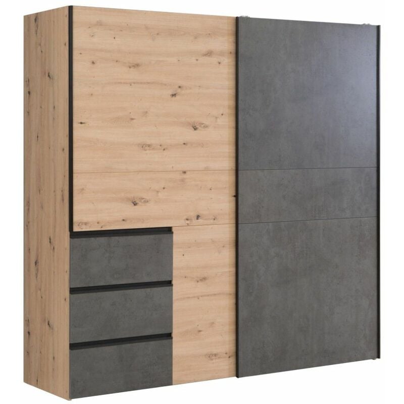 Home Heavenly® Armario ropero de 200 cm con 2 puertas correderas winter2 cajonera integrada exterior 3 color roble artisan cemento oscuro winter2.