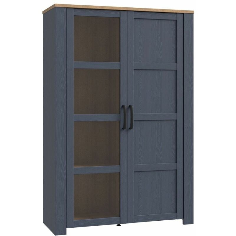 Home Heavenly® - Vitrina alta 2 puertas ODIN, con puerta acristalada, 8 estantes interiores y luces. 160x106x42 cm. | Color: Roble Riviera-Azul Marino