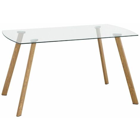 Home Heavenly® - Mesa comedor de cristal REKA, rectangular 140x80 cm, patas metálicas imitación madera. Color: Transparente - Pata roble (1/4)
