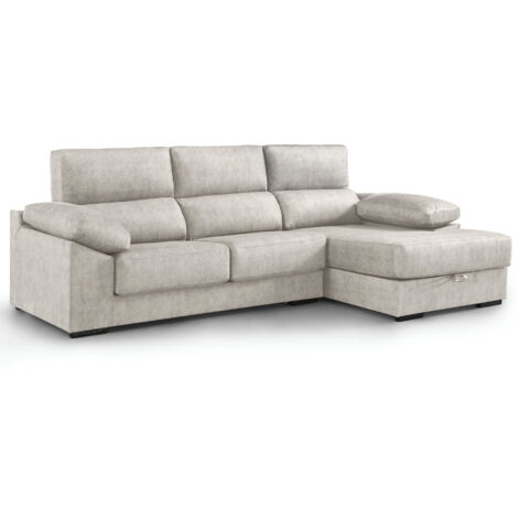 Home Heavenly® - Sofá Chaise Longue MONTI asientos extraíbles, respaldos reclinables, arcón integrado 100x283x167 cm.  Color: Gris claro Chaise Longue izquierdo