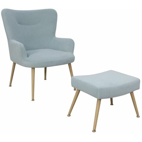 Home Heavenly® - Butaca con reposapiés individual INDIA. Sillón tapizado en terciopelo azul cielo y patas color madera. Color: Azul cielo (1/5)